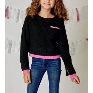 Design History Girls Medium Knit Sweater Layered Look Black with Pink Accents